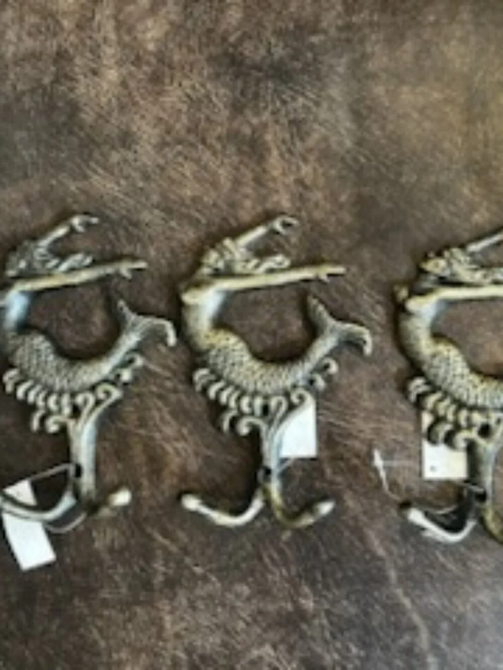 Set of 3 Vintage Cast Iron Mermaid Double Towel Hooks Antique Bronze Finish